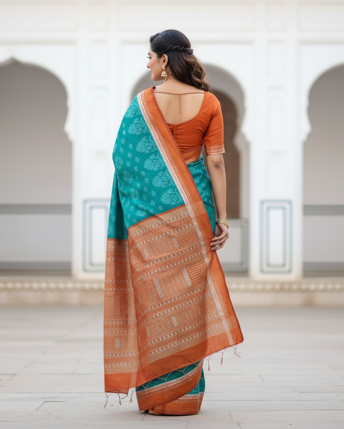 Sea Green Rust Flower Ek Chandia Sambalpuri Silk Saree