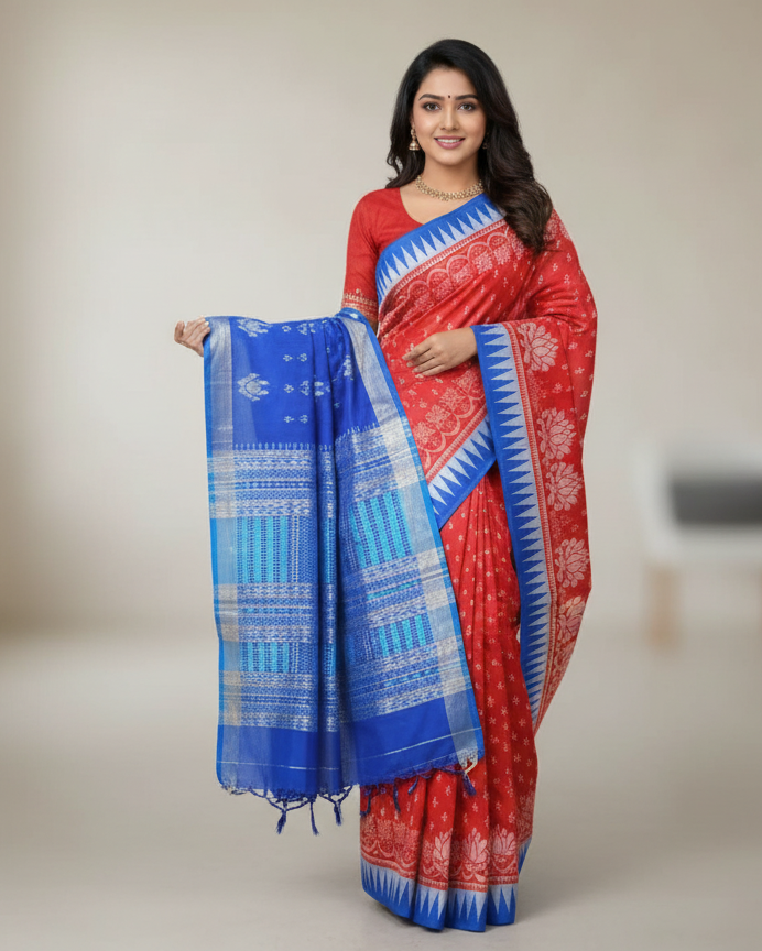 Red Blue Flower Ek Chandia Sambalpuri Silk Saree
