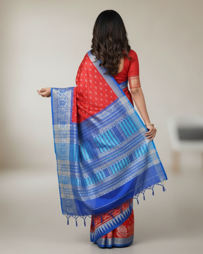 Red Blue Flower Ek Chandia Sambalpuri Silk Saree