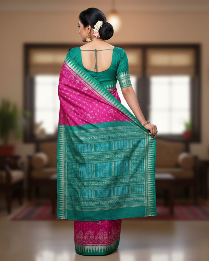 Magenta Sea Green Flower Ek Chandia Sambalpuri Silk Saree
