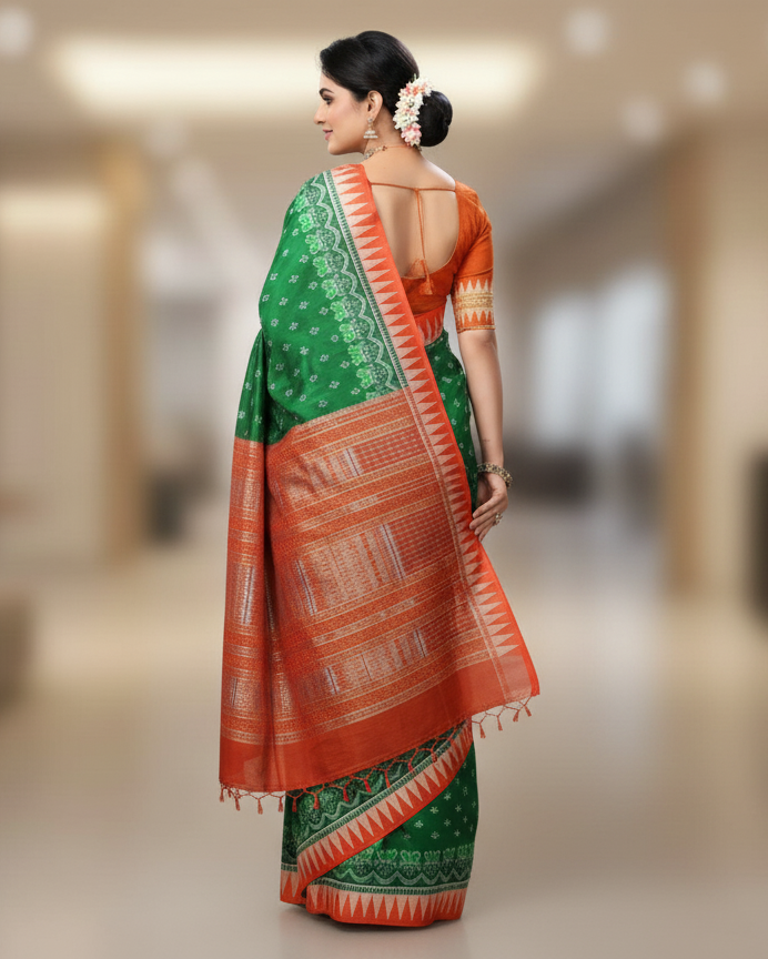 Green Red Tribal Ek Chandia Sambalpuri Silk Saree