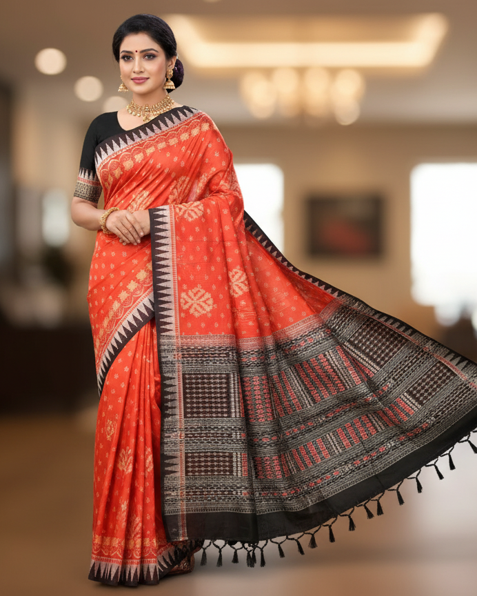 Orange Black Tribal Ek Chandia Sambalpuri Silk Saree