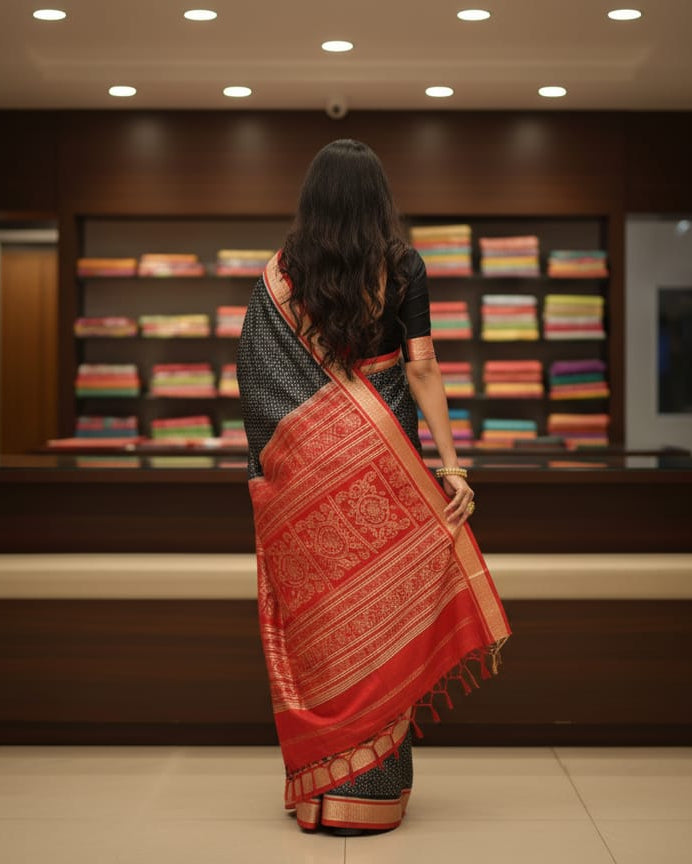 Black Red Ikat Odisha Handloom Sambalpuri Silk Saree