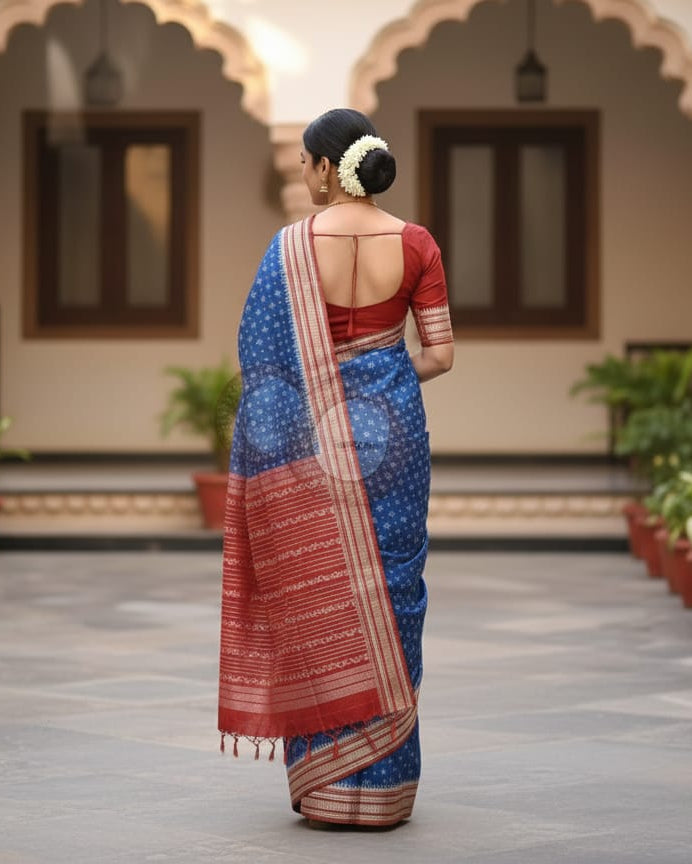 Indigo Blue Maroon Flower Design Natural Dye Sambalpuri Silk Saree