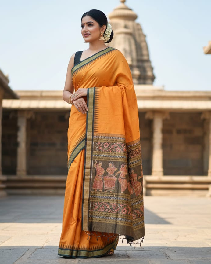 Orange Black Buti Bomkai Half Tissue Silk Saree