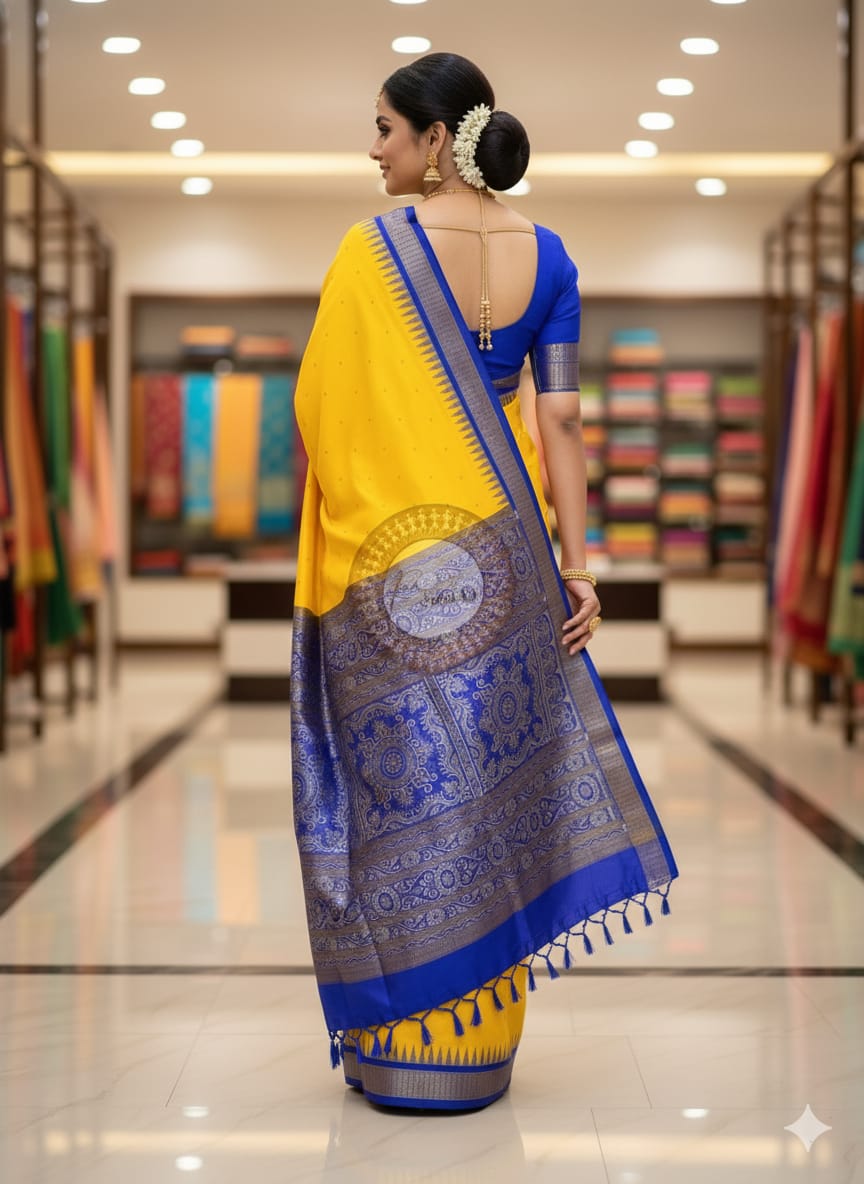 Yellow Blue Buti Bomkai Half Tissue Silk Saree