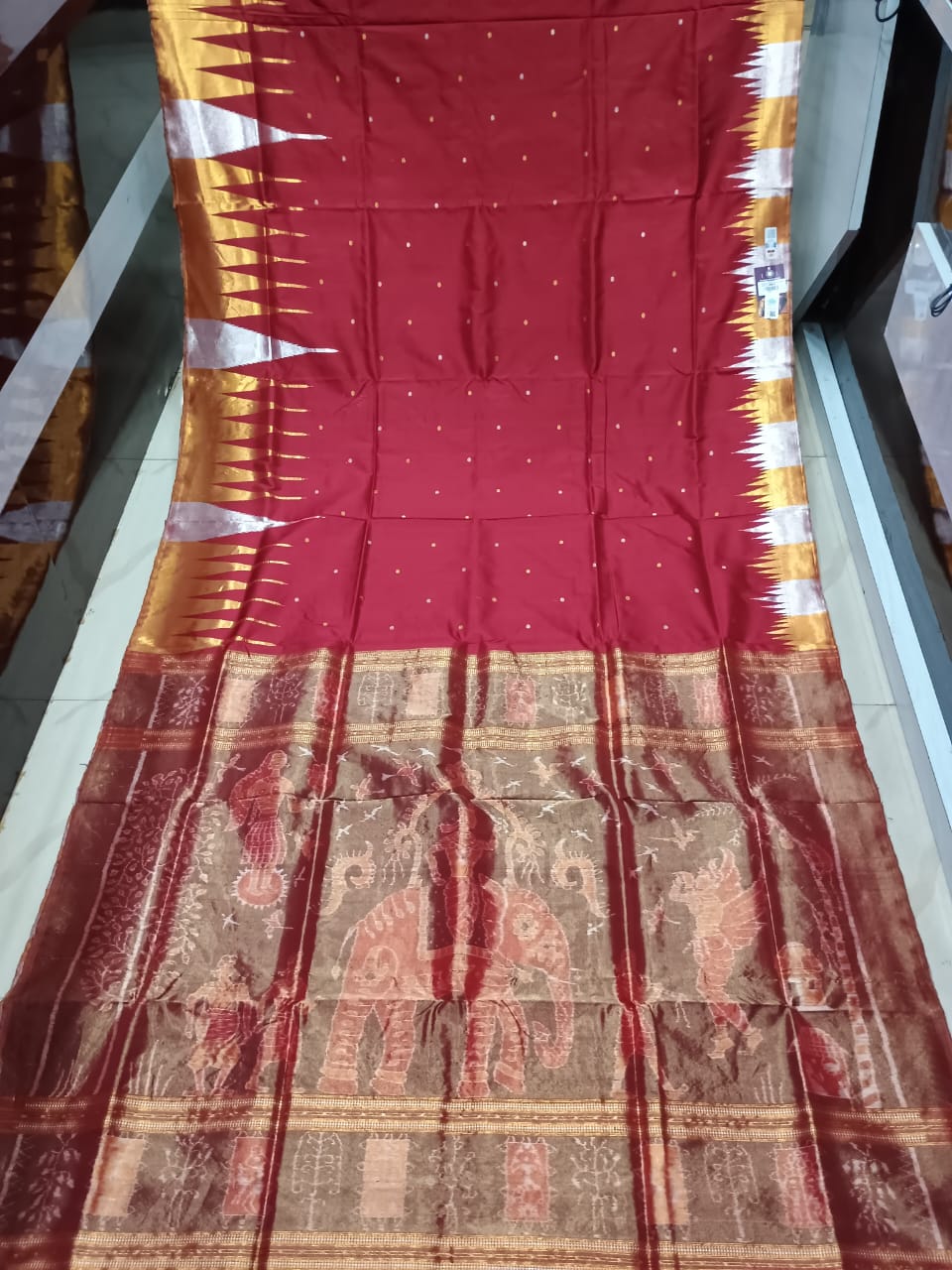 Maroon Golden & Silver Phoda Kumbha Half Tissue Sambalpuri Silk Saree