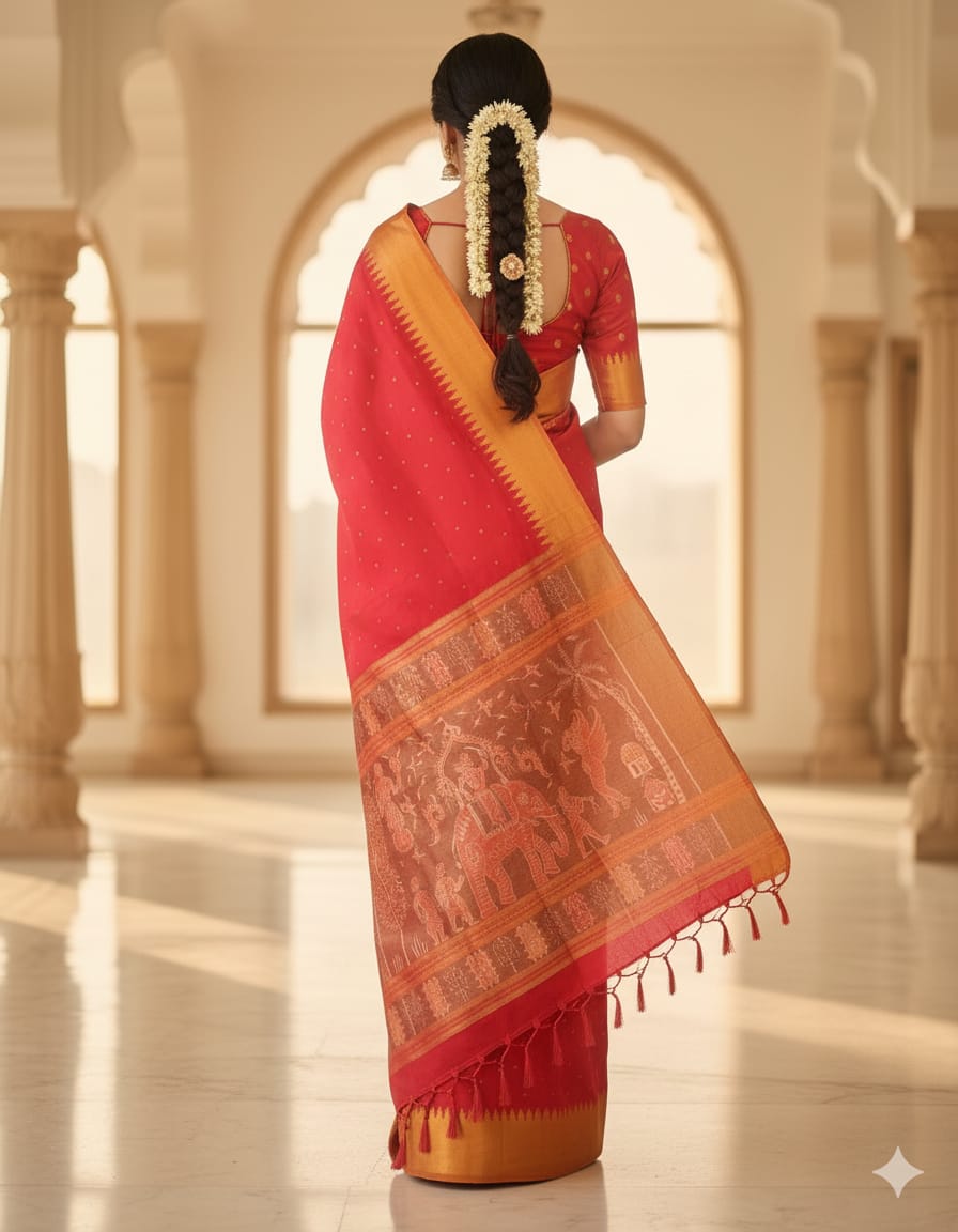 Red Golden Phoda Kumbha Half Tissue Sambalpuri Silk Saree