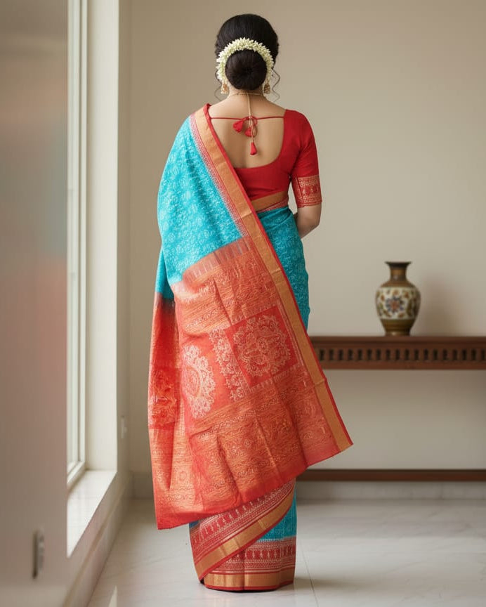 Copper sulphate Red Tribal And Tree Half Tissue Sambalpuri Silk Saree