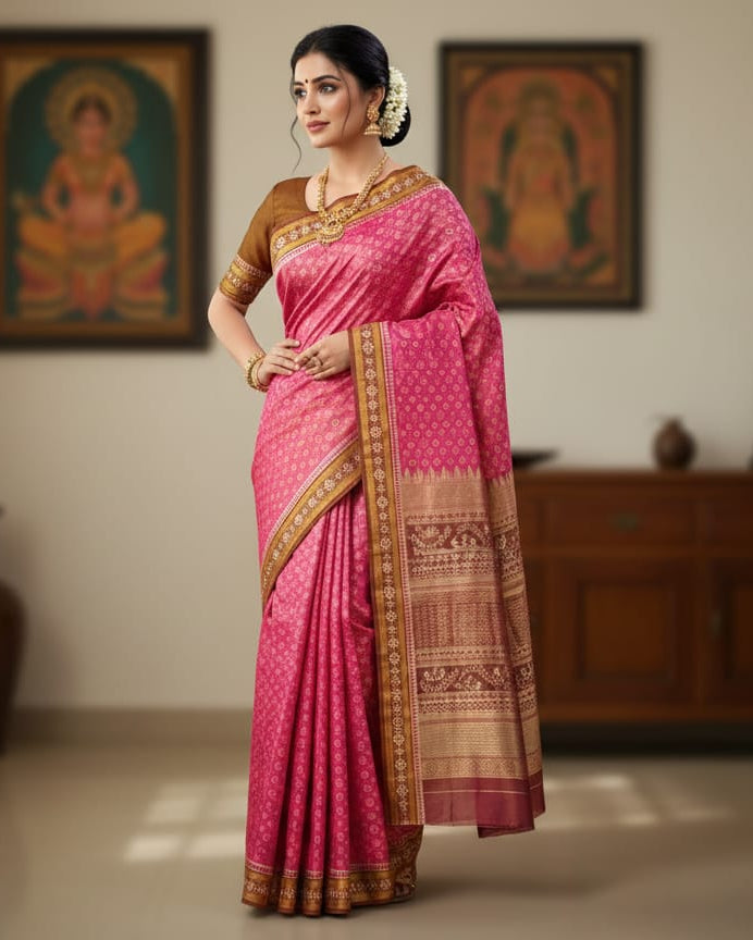 Pink Maroon S Bandha border Pasapali Tissue Silk Saree