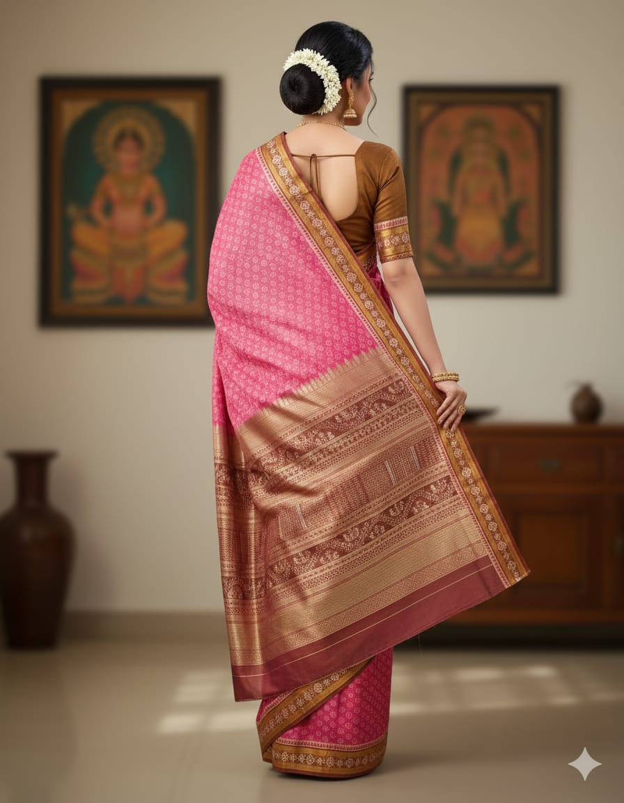Pink Maroon S Bandha border Pasapali Tissue Silk Saree