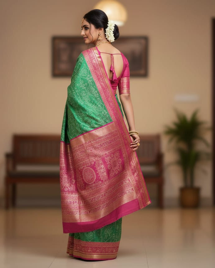 Sea Green Magenta Tribal Family Tissue Sambalpuri Silk Saree