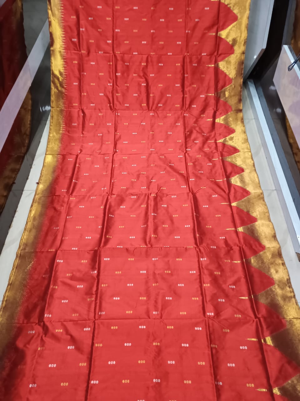 Red Golden Body Buti Half Tissue Silk Saree