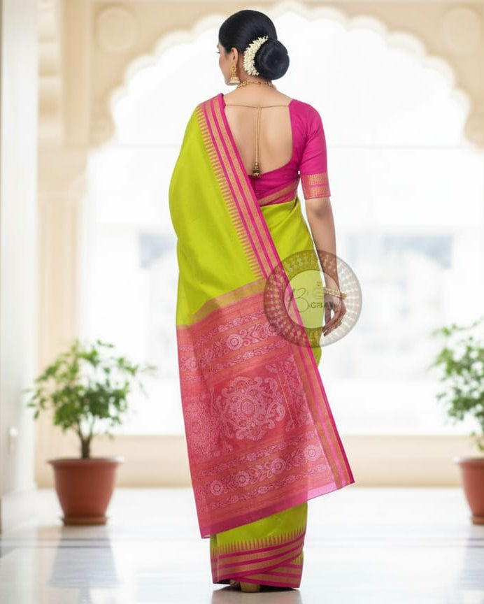 Neon Green Magenta Buti Bomkai Half Tissue Silk Saree