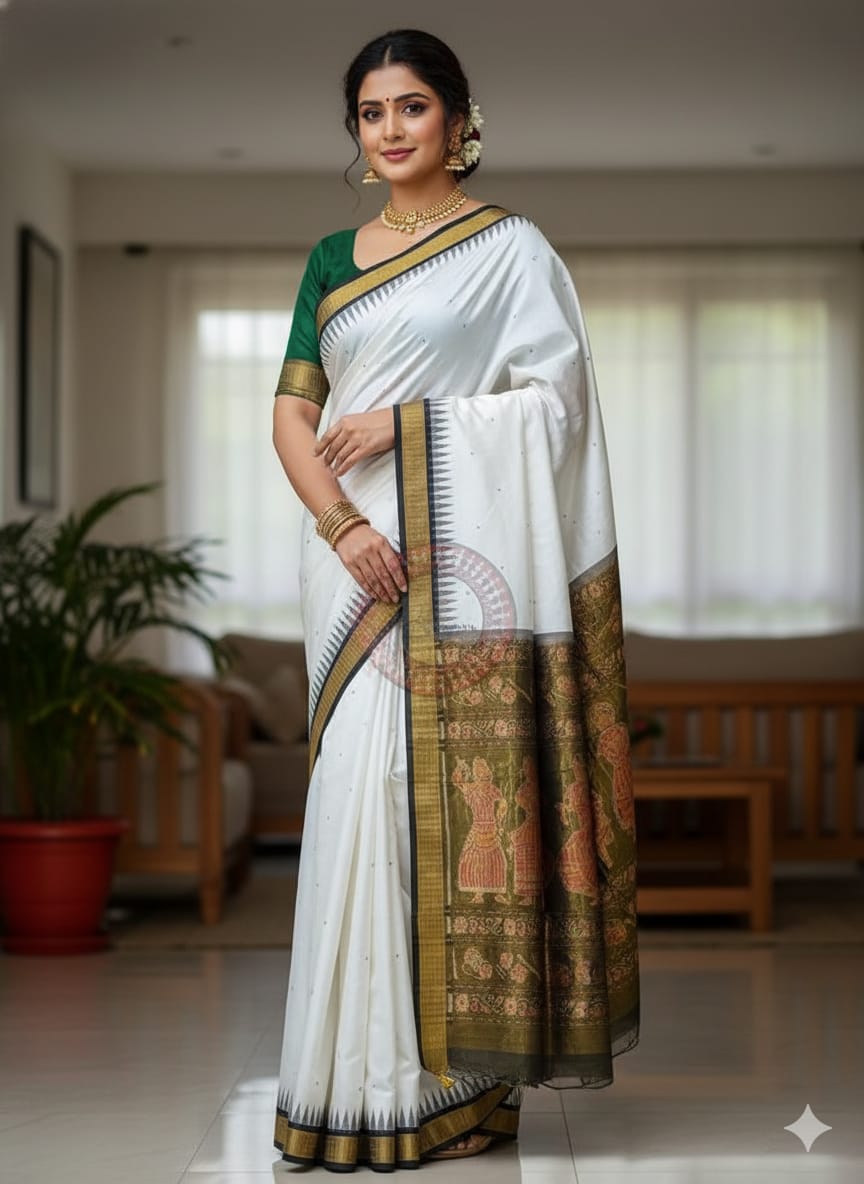 White Black Buti Bomkai Half Tissue Silk Saree