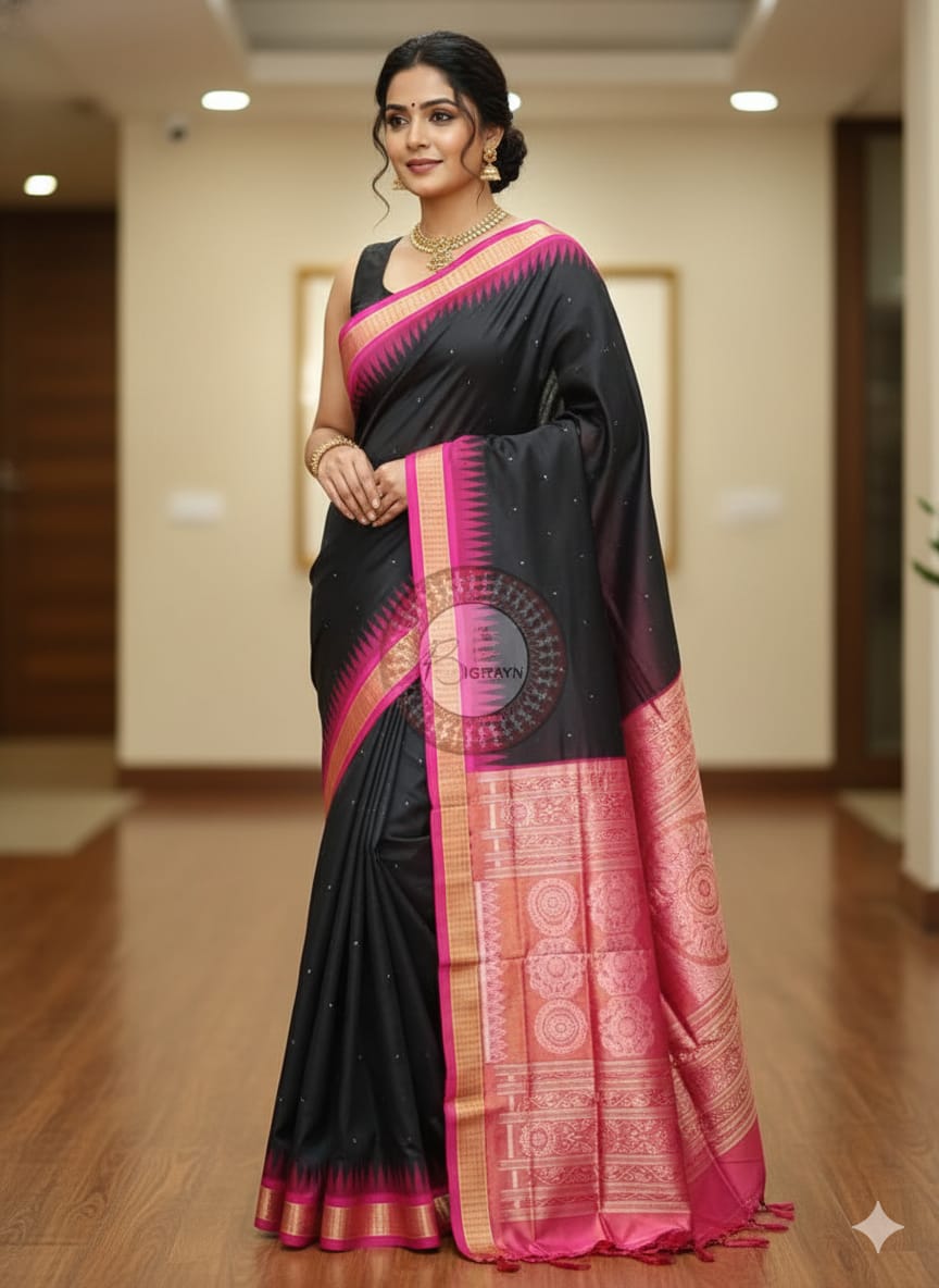 Black Magenta Buti Bomkai Half Tissue Silk Saree