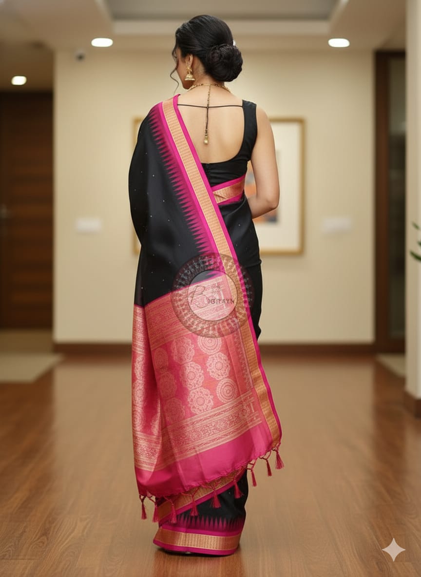 Black Magenta Buti Bomkai Half Tissue Silk Saree