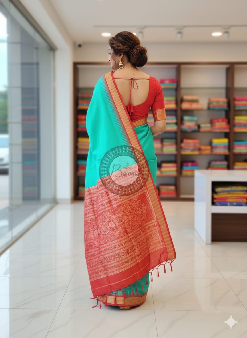 Sea Green Red Buti Bomkai Half Tissue Silk Saree