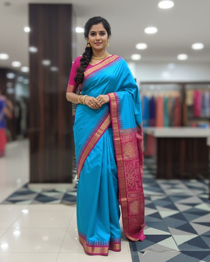 Blue Magenta Buti Bomkai Half Tissue Silk Saree