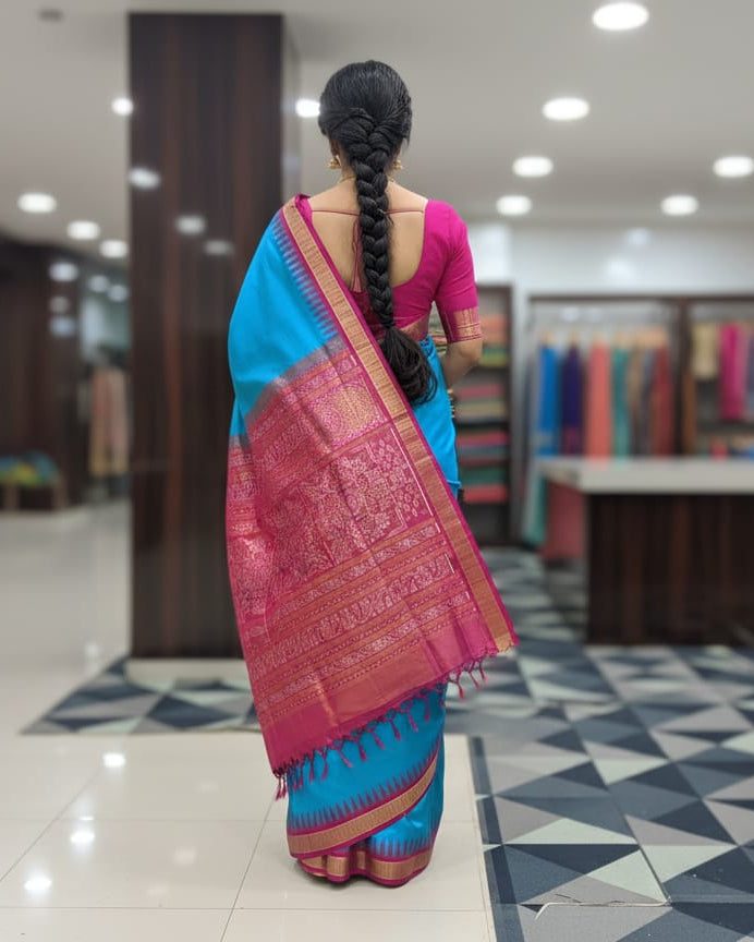 Blue Magenta Buti Bomkai Half Tissue Silk Saree
