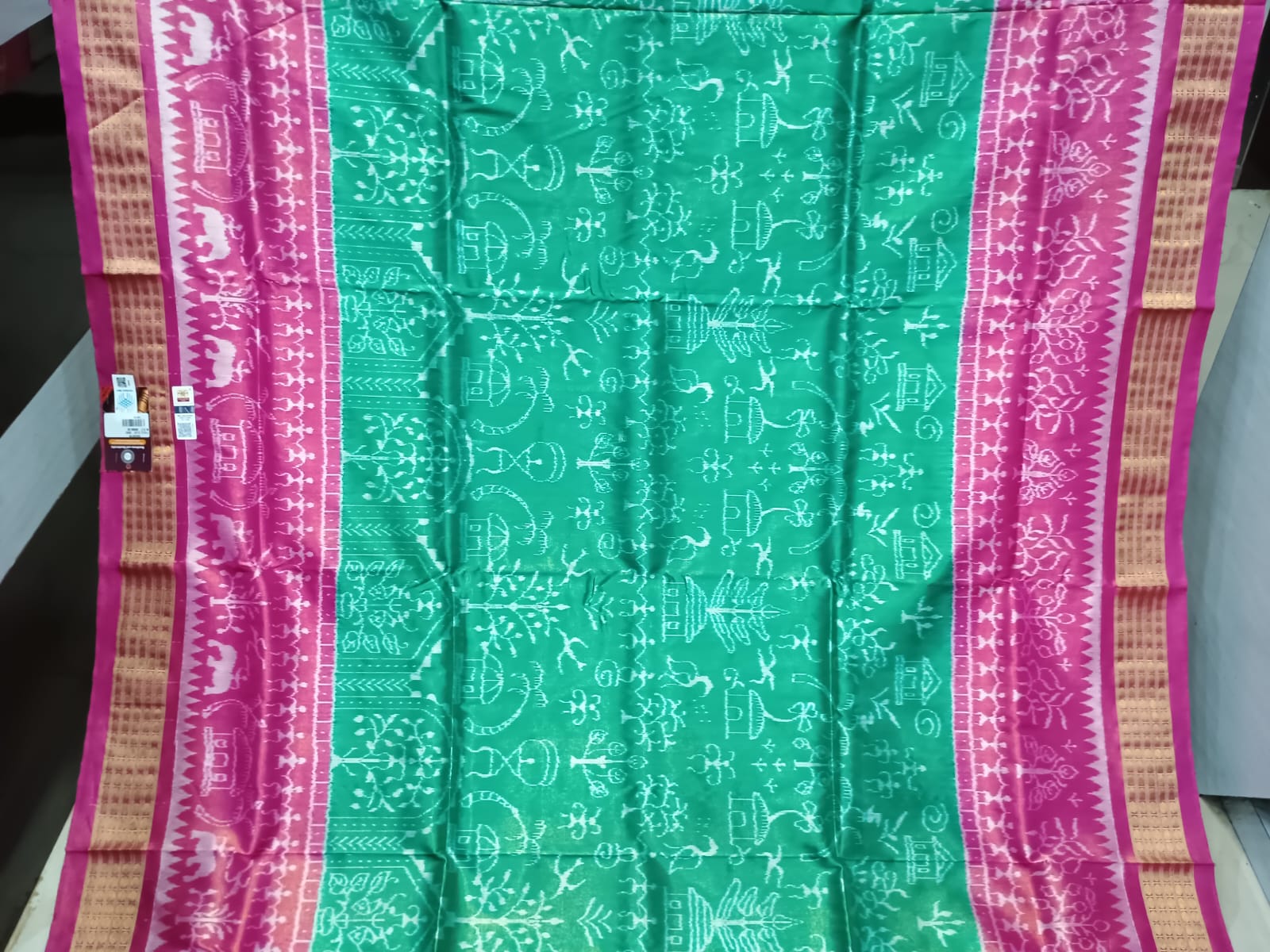 Sea Green Magenta Tribal Family Tissue Sambalpuri Silk Saree