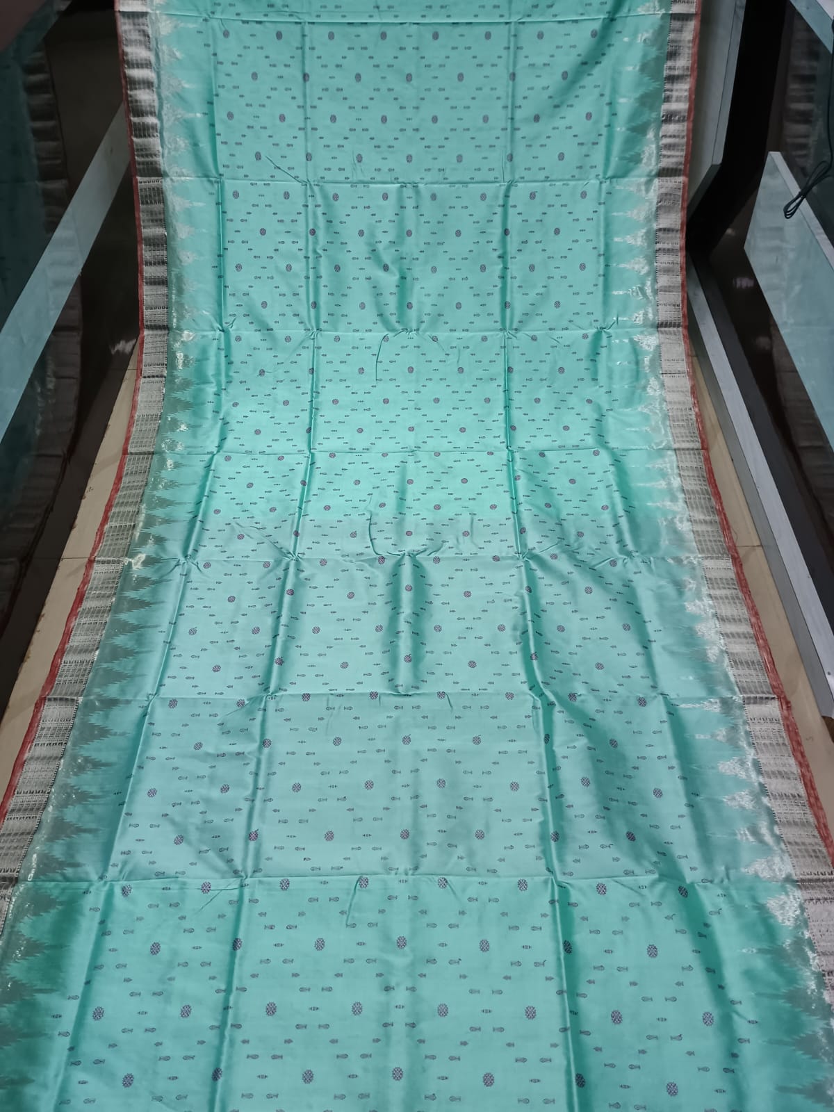 Aqua Magenta Fish Buti Phoda Kumbha Tissue Sambalpuri Silk Saree