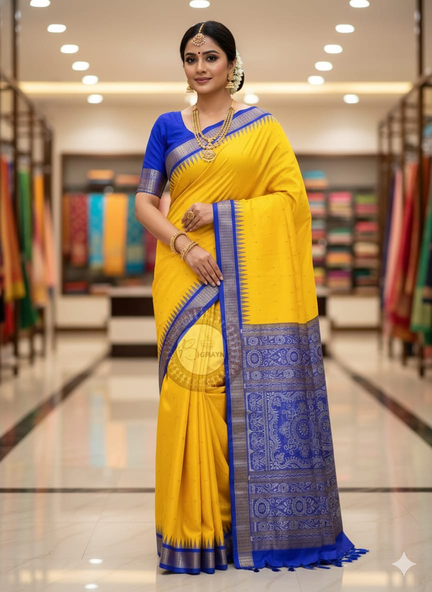 Yellow Blue Buti Bomkai Half Tissue Silk Saree