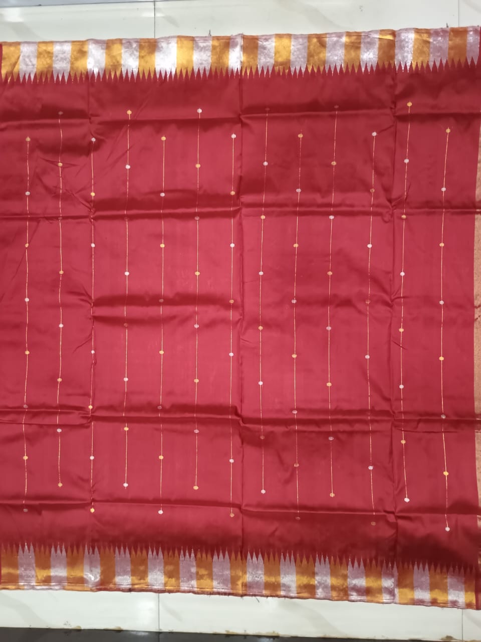 Maroon Golden & Silver Phoda Kumbha Half Tissue Sambalpuri Silk Saree