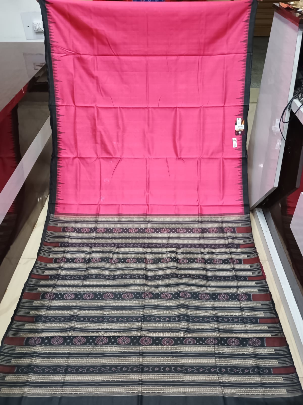 Carrot Black Phoda Kumbha Border Tusser Silk Saree