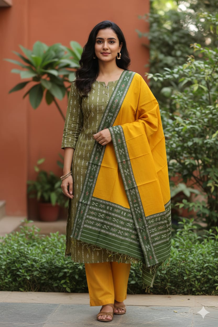 Mehendi Green Yellow Handwoven Odisha Ikat Unstitched Dress Material Set (Top 2.5m, Bottom 2m, Dupatta 2.5m)