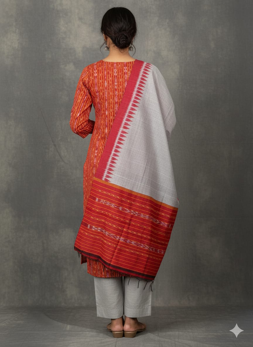 Maroon Grey Handwoven Odisha Ikat Unstitched Dress Material Set (Top 2.5m, Bottom 2m, Dupatta 2.5m)
