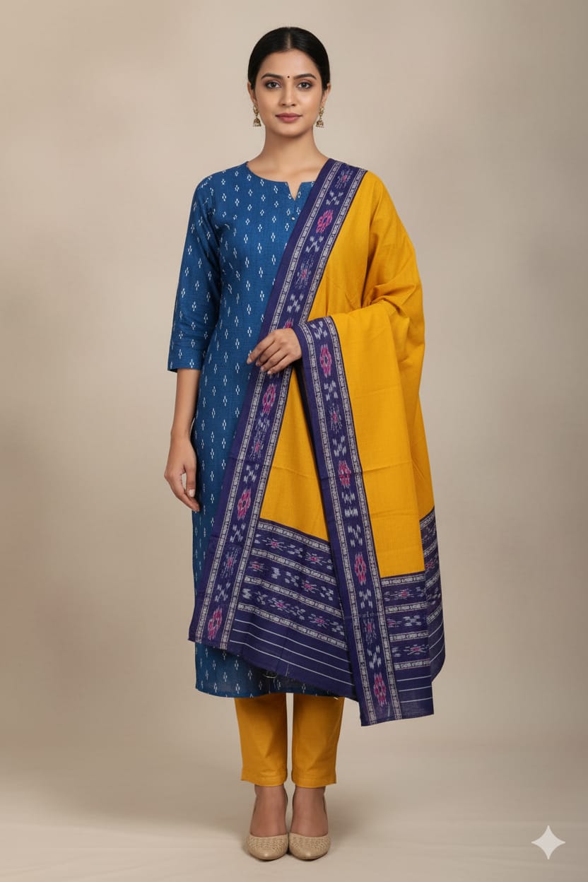 Blue Yellow Handwoven Odisha Ikat Unstitched Dress Material Set (Top 2.5m, Bottom 2m, Dupatta 2.5m)