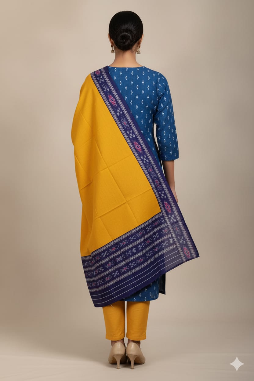 Blue Yellow Handwoven Odisha Ikat Unstitched Dress Material Set (Top 2.5m, Bottom 2m, Dupatta 2.5m)