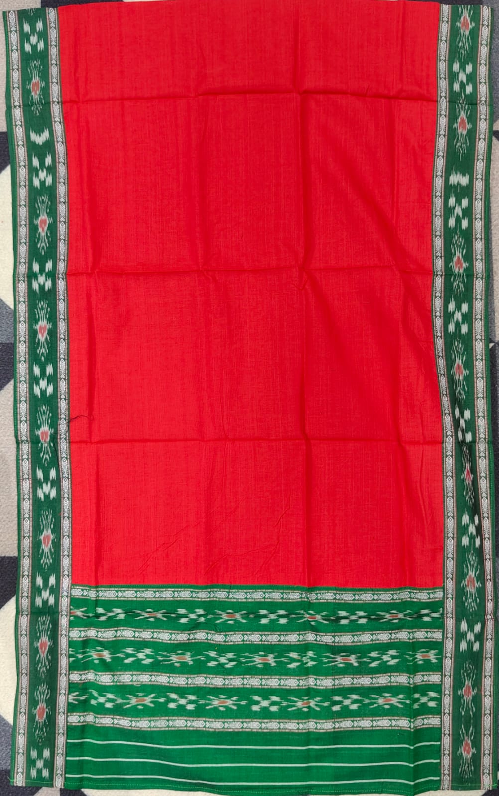 Green Red Handwoven Odisha Ikat Unstitched Dress Material Set (Top 2.5m, Bottom 2m, Dupatta 2.5m)