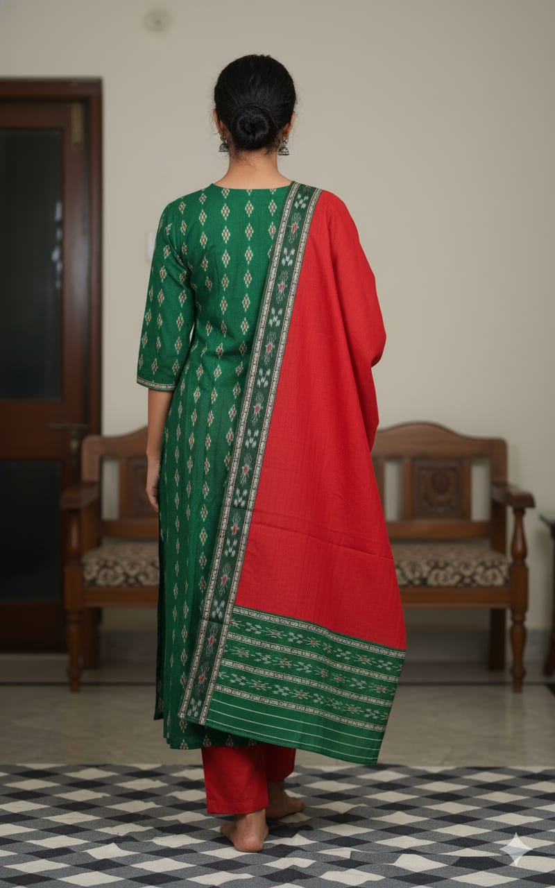 Green Red Handwoven Odisha Ikat Unstitched Dress Material Set (Top 2.5m, Bottom 2m, Dupatta 2.5m)
