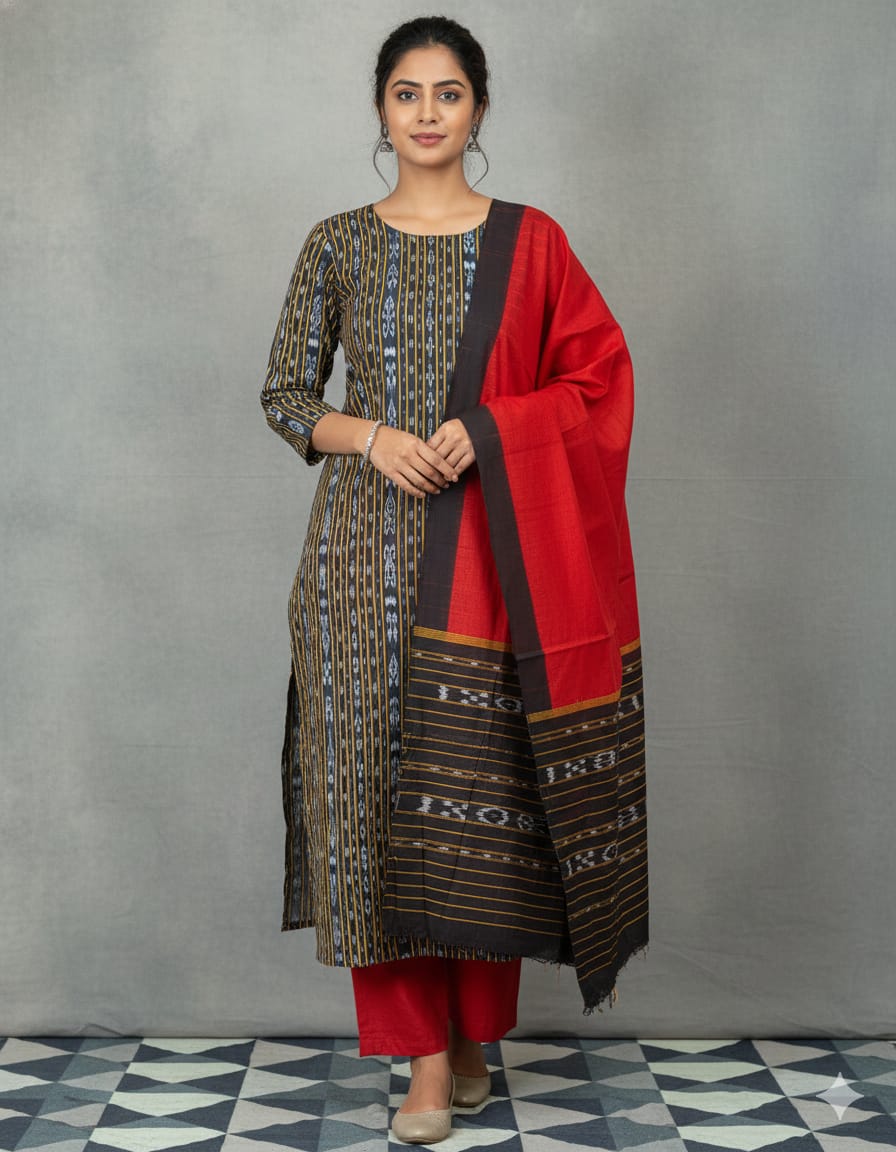 Black Red Handwoven Odisha Ikat Unstitched Dress Material Set (Top 2.5m, Bottom 2m, Dupatta 2.5m)