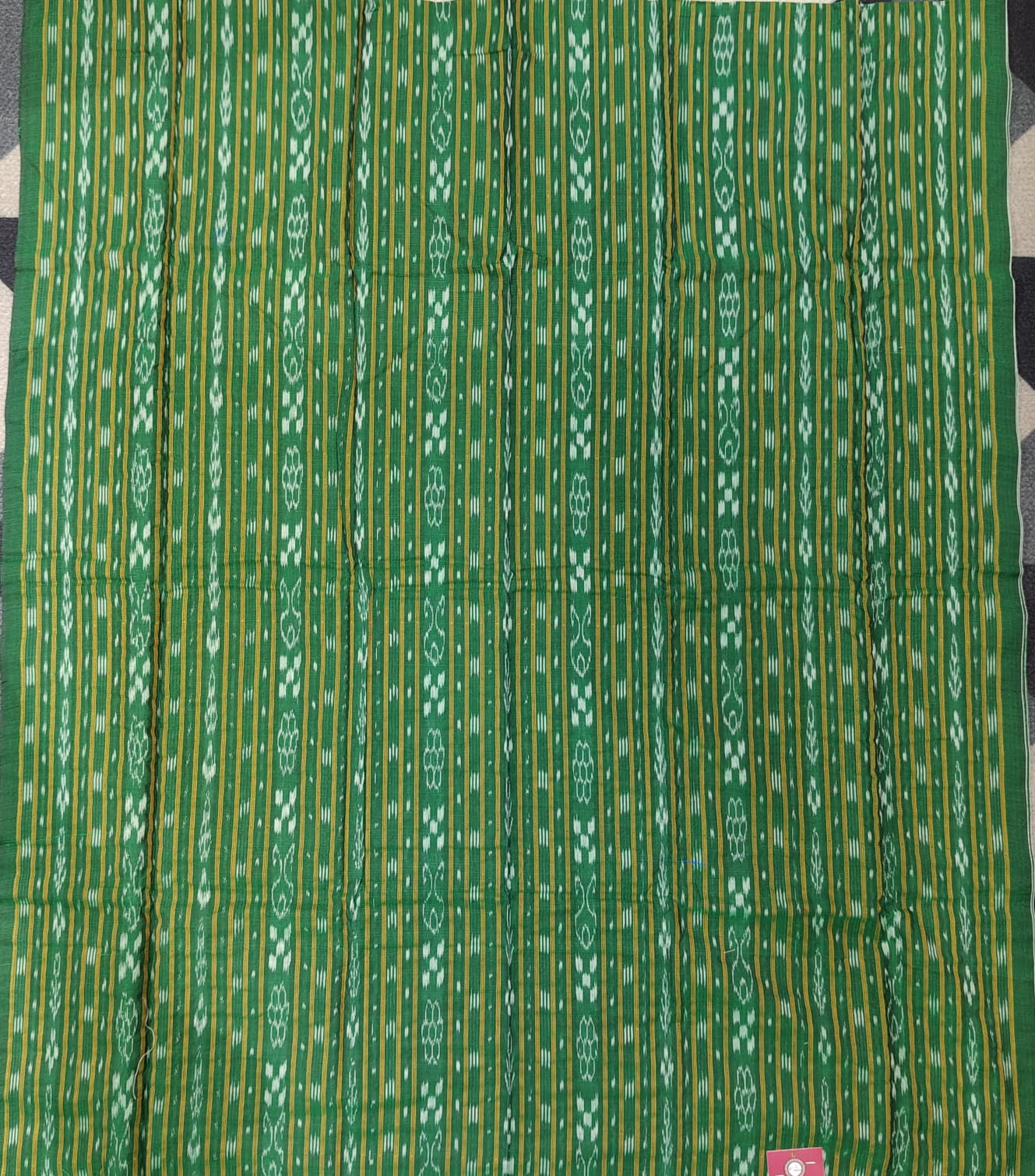 Green Creame Handwoven Odisha Ikat Unstitched Dress Material Set (Top 2.5m, Bottom 2m, Dupatta 2.5m)