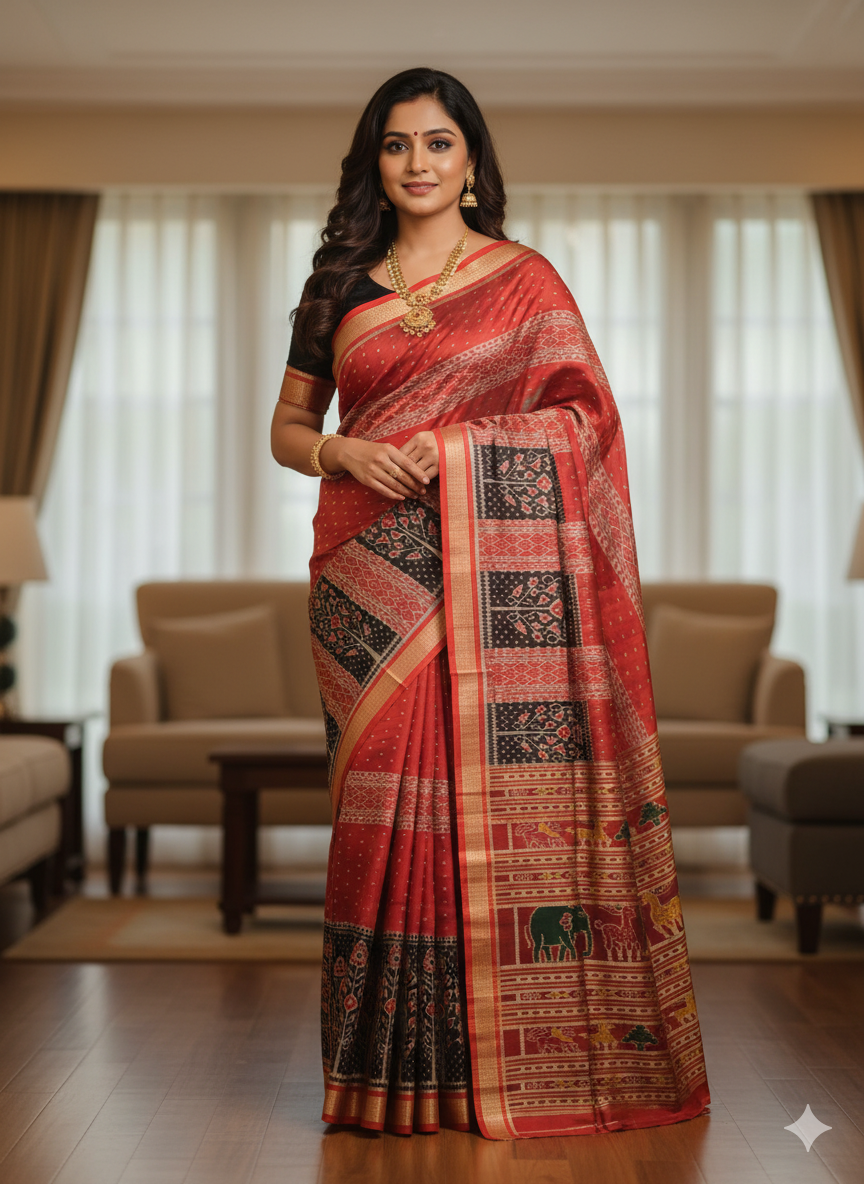 Black Maroon Half Half Design Mulberry Silk Saree