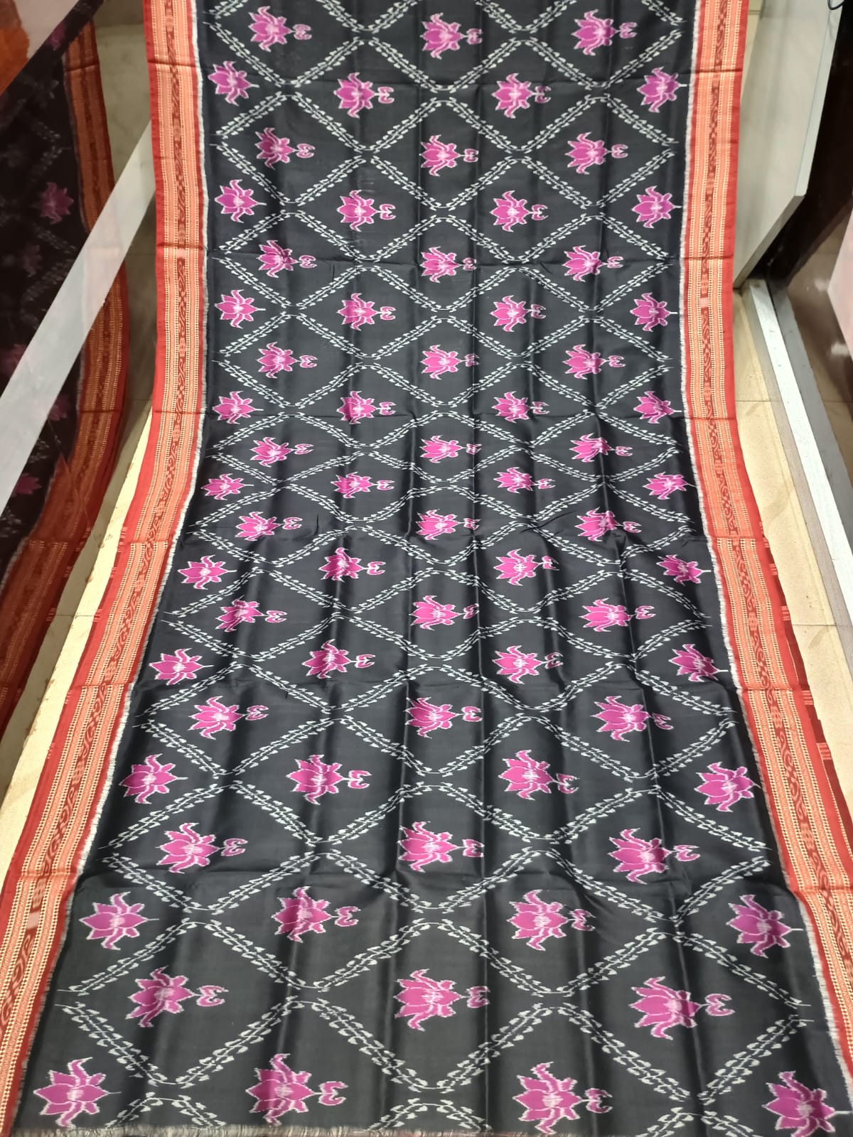 Black Red Lotus Design Khandua Silk Saree