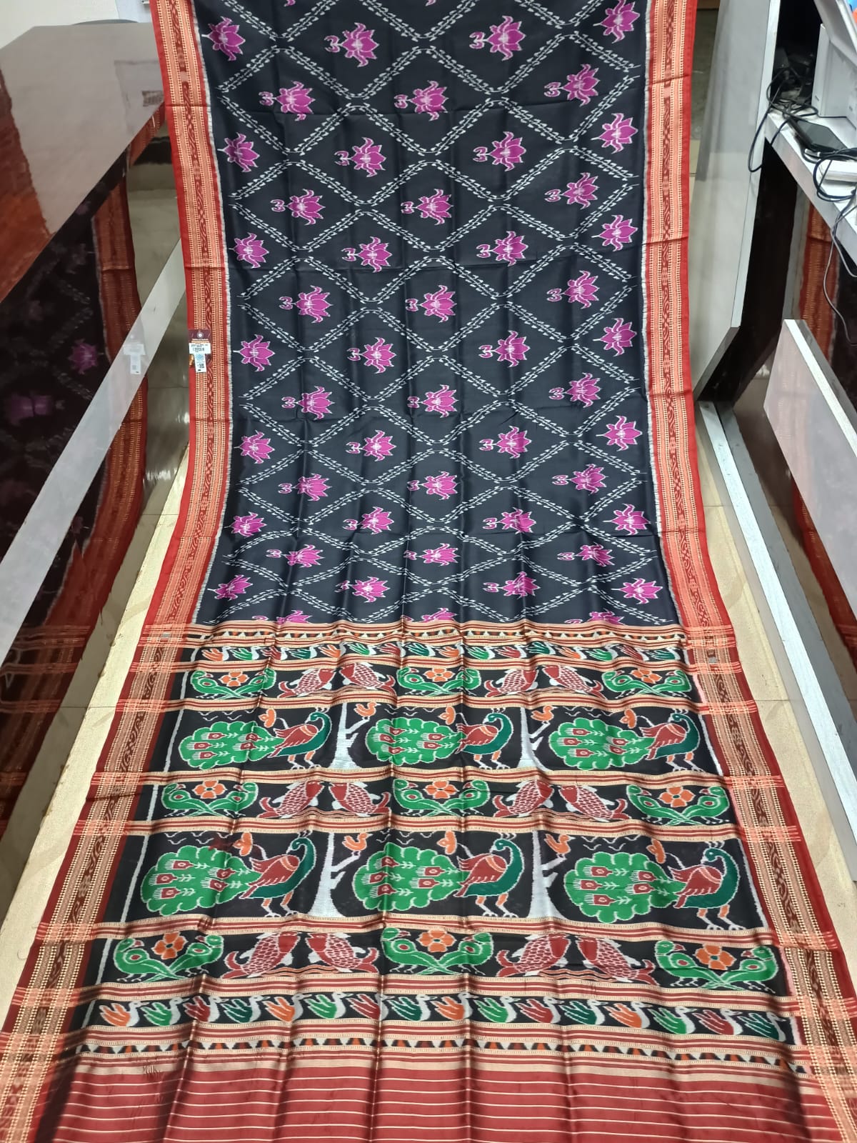 Black Red Lotus Design Khandua Silk Saree