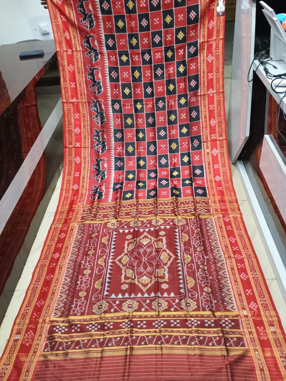 Red Black Pasapali Design Khandua Silk Saree