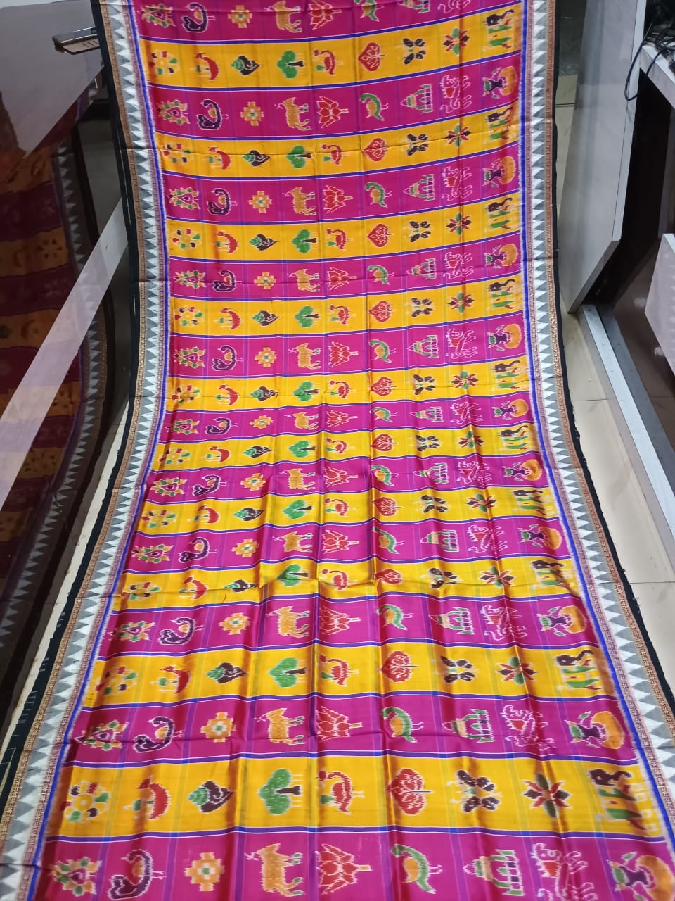 Yellow Magenta Black Nabakothi Design Khandua Silk Saree