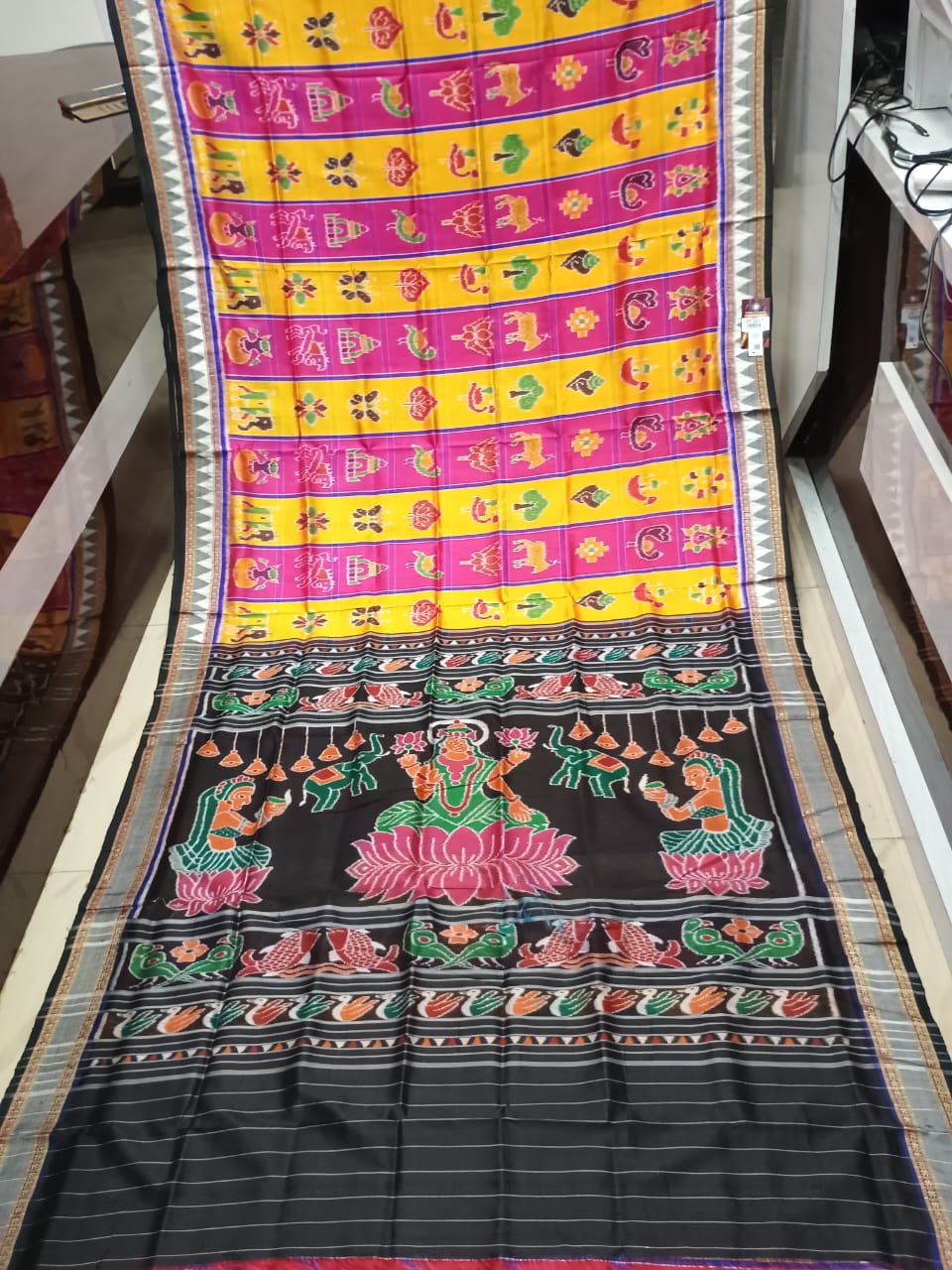 Yellow Magenta Black Nabakothi Design Khandua Silk Saree