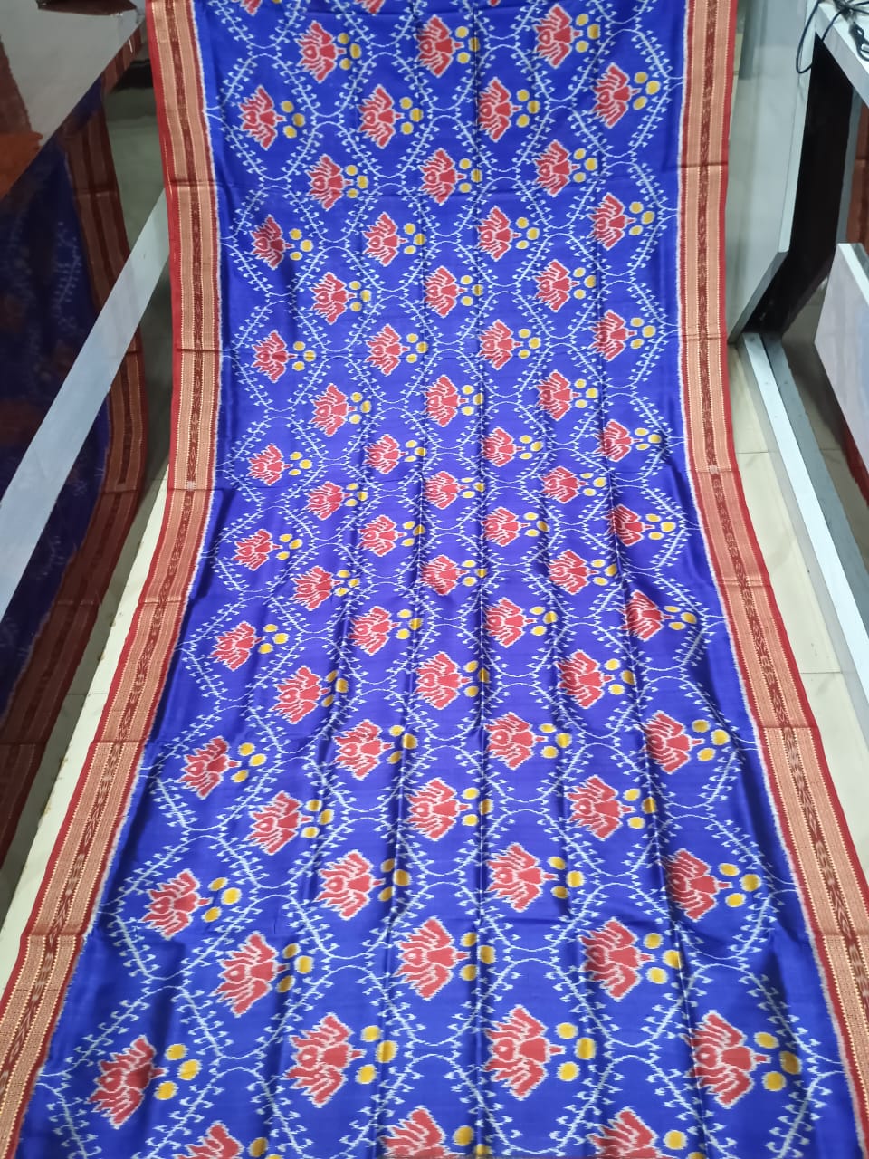Blue Maroon Lotus Design Khandua Silk Saree