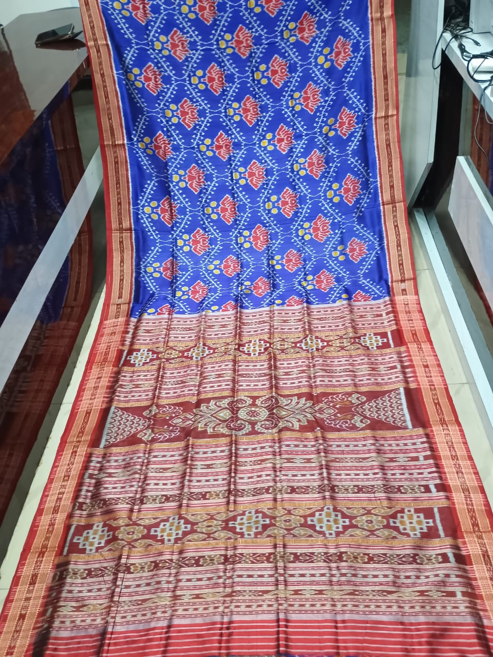 Blue Maroon Lotus Design Khandua Silk Saree