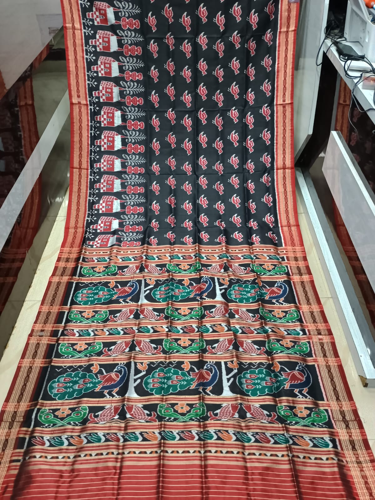 Black Maroon Birds Design Khandua Silk Saree