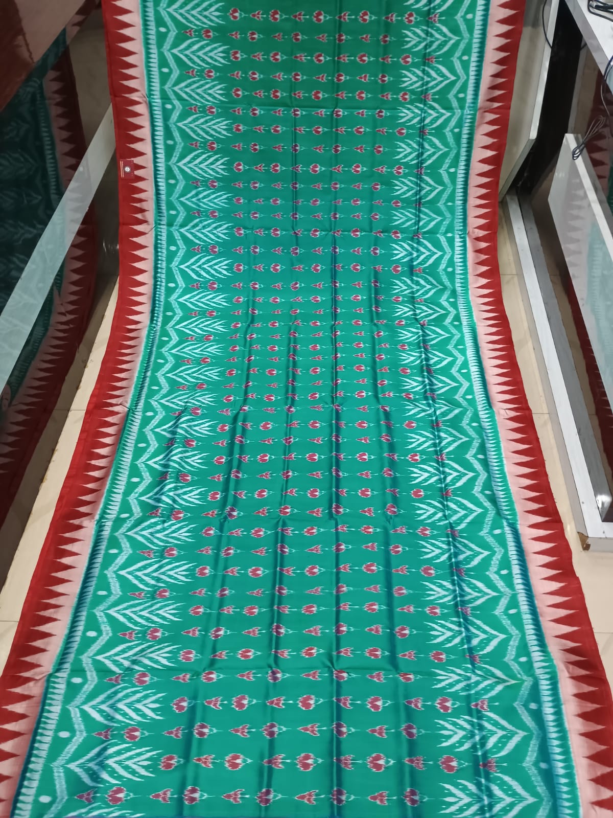 Sea Green Red Tree Design Mulberry Silk Saree