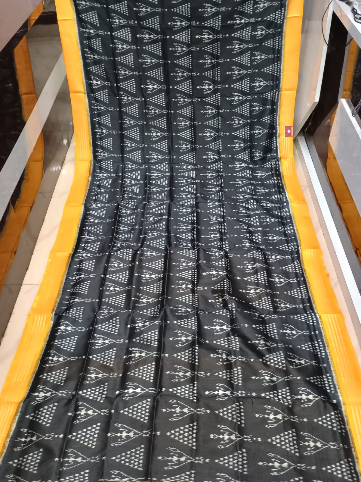 Black Yellow Tribal Chita Design Mulberry Silk Saree
