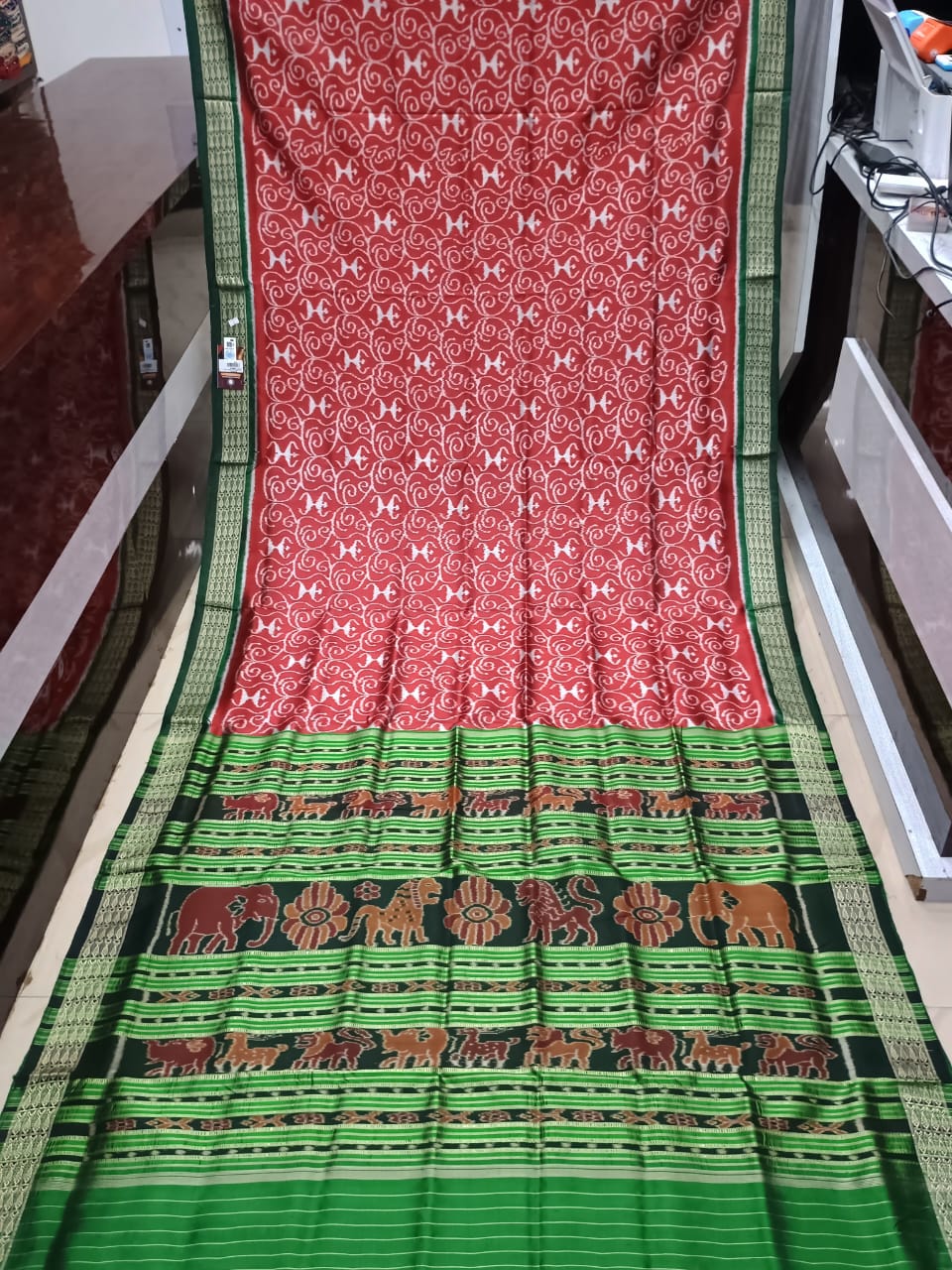 Red Green Tribal Design Khandua Silk Saree