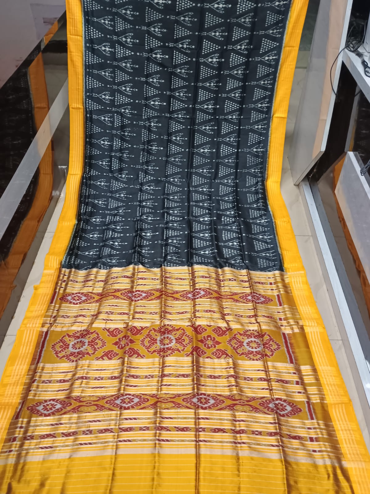 Black Yellow Tribal Chita Design Mulberry Silk Saree